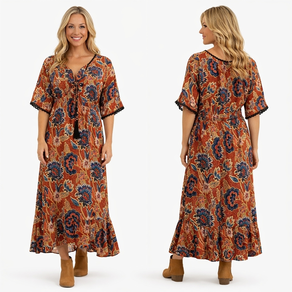 ANGIE Maxi Dress Womens Small Orange Blue Floral Boho Country Festival Hippie